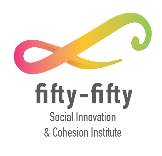 Logo of the organisation Fifty-Fifty – Social Innovation & Cohesion Institute with a colourful, curved symbol.
